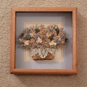 RARE Handmade Vintage Oak Framed Shadow Box w/Miniature Basket of Dried Flowers